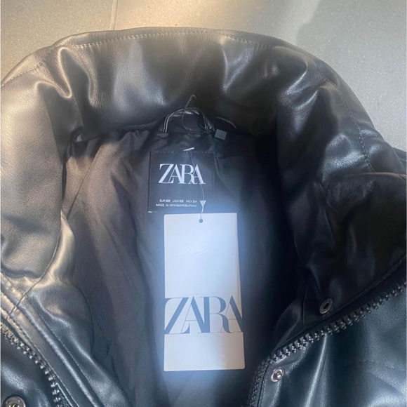 Zara black  faux leather puffer coat, zipper and snaps, s m l xl - Picture 4 of 6